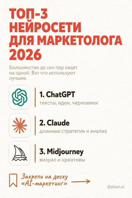 Пины Pinterest «Топ-3 нейросети для маркетолога 2026» — обложка: Топ-3 нейросети для маркетолога 2026