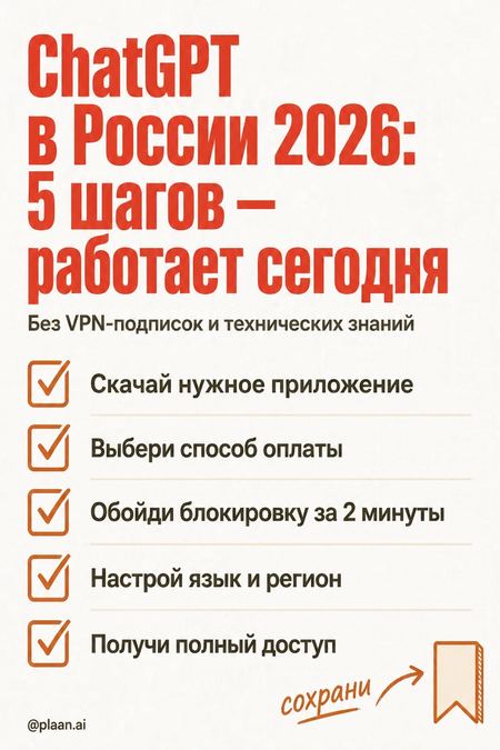 Пины Pinterest «Рассказываю как установить Claude ChatGPT Gemini в России 2026» — обложка: ChatGPT в России 2026: 5 шагов — работает сегодня